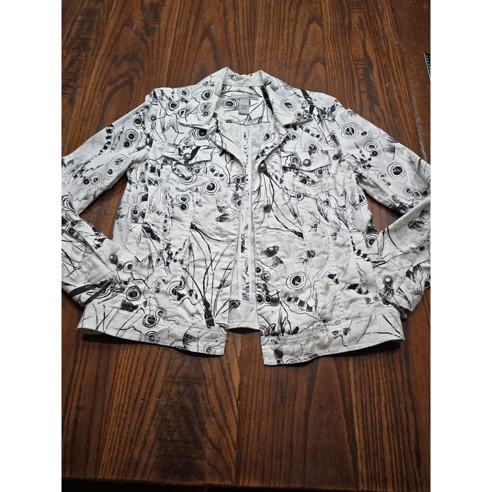 Chicos Platinum Women's White Black Abstract Butterfly Denim Jacket Size 1 (med)
